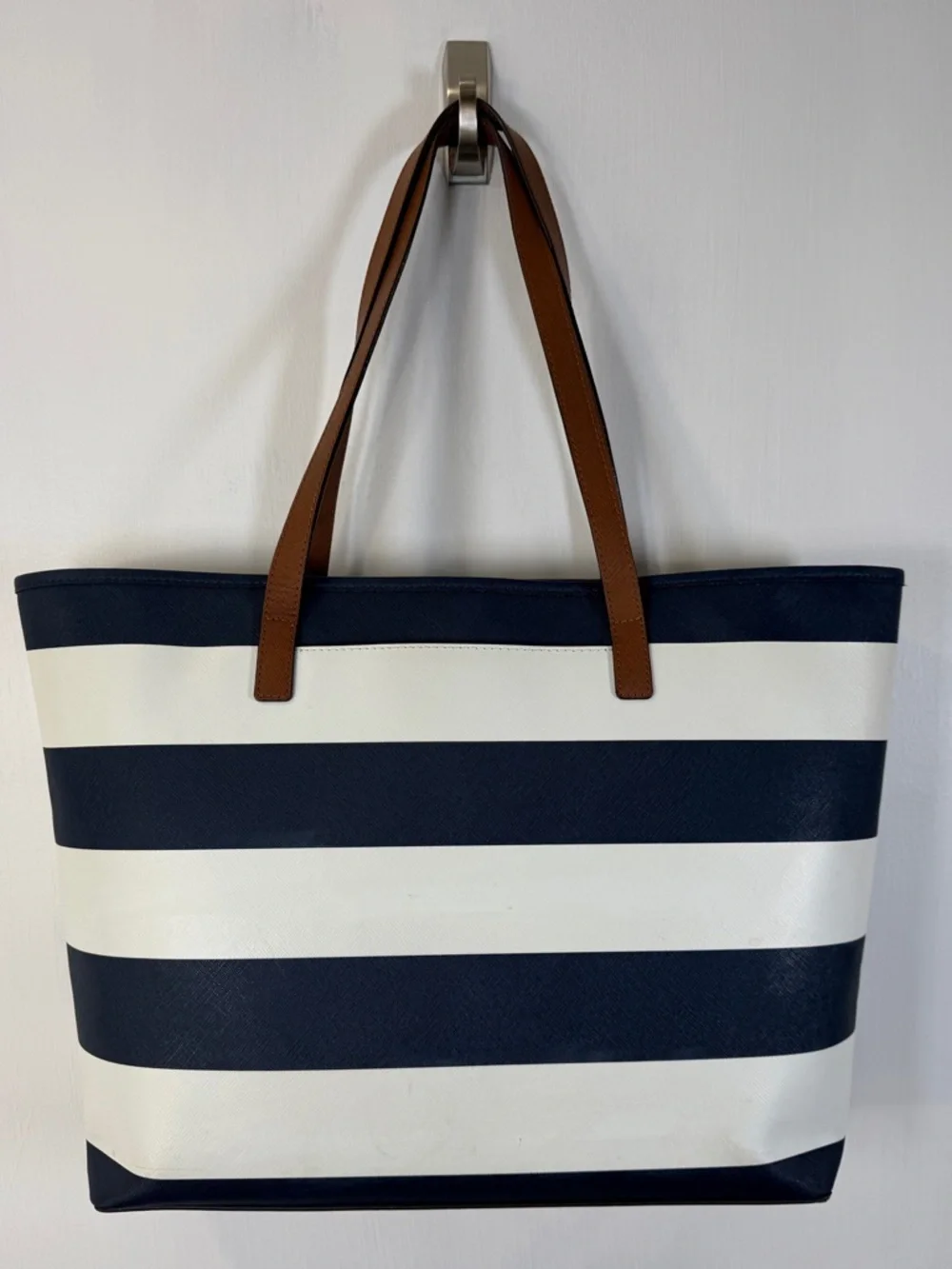 Michael Kors Jet Set Large Tote Bag Navy Blue White Stripe Saffiano Leather Gold